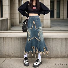 Lasaky - Irregularly Distressed Denim Midi Skirt with High Waist and A-line Design Spring Grunge Denim Skirt, Cheap Grunge Denim Skirt For Streetwear, Cheap Edgy Denim Skirt For Streetwear, Long Jean Skirt, Long Denim Skirt, Blue Denim Skirt, Distressed Denim Skirt, Skirt Y2k, Denim Skirt Women