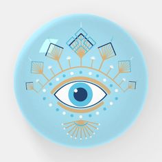 a blue plate with an eye on it