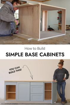 a woman standing in front of a cabinet with the words how to build simple base cabinets