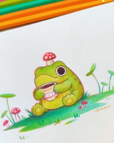 cute frog whimsical inspiration illustration artwork by chetom art of adorable frog toad drinking tea friendly magical colorful traditional art sketchbook with red mushroom amanita muscaria hat Frog Tea, Astuces Diy, Cute Paintings, Cute Doodle Art, Mini Drawings, A Cup Of Tea