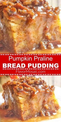 pumpkin pralie bread pudding is shown in two different images