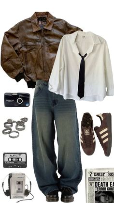 Shirt And Tie, Guys Clothing Styles, Cool Outfits For Men, Swaggy Outfits, Streetwear Men Outfits, Brown Leather Jacket, Styling Ideas, Casual Style Outfits, Lookbook Outfits