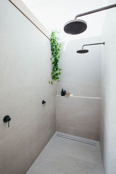 a white tiled shower with plants growing on the wall next to it and an instagram post