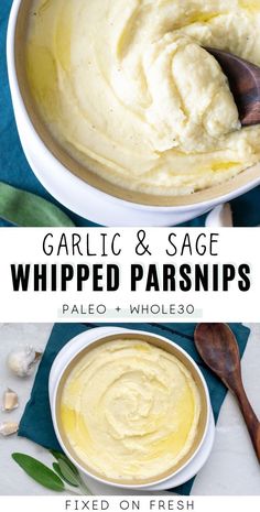 garlic and sage whipped parsnips in a white bowl