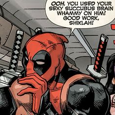 the deadpool is talking to someone on his cell phone