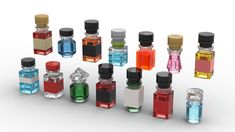 an array of different colored glass bottles with black caps