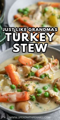 two bowls of turkey stew with peas and carrots