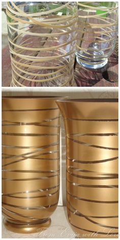 two pictures of gold colored glass vases and one with metal strips on the sides