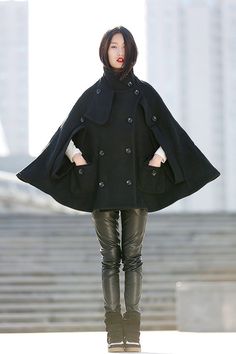 Winter Wool Cape Coat  Black Poncho Style High Collar by YL1dress Winter Wool Poncho For Work, Wool Poncho For Winter Workwear, Wool Cape For Cold Weather In Fall, Fall Wool Cape For Cold Weather, Wool Cape For Winter Cold Weather, Wool Cape For Cold Weather, Wool Cape For Winter Weather, Wool Winter Cape For Cold Weather, Winter Wool Cape For Cold Weather