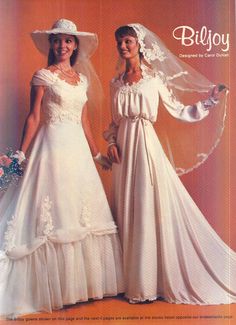 two women in wedding gowns and hats posing for a magazine cover with the caption, billoy