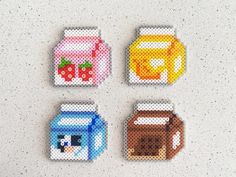 four coasters made out of perler beads with images of food and drinks on them