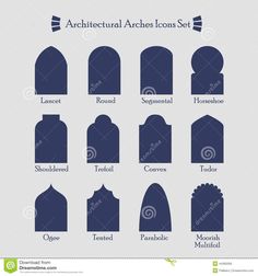 architectural archs icon set in flat style with shadow and shadows on gray background,