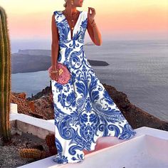 Women's Casual Dress Swing Dress Floral Dress Long Dress Maxi Dress Green Blue Pink Sleeveless Floral Print Spring Summer Deep V Hot Daily 2023 S M L XL XXL 2024 - $41.99 Maxi Dress Outfit, 파티 드레스, Blue And White Dress, Maxi Robes, Maxi Dress Party, Sleeveless Maxi Dress, Outfit Casual, Fashion Colours