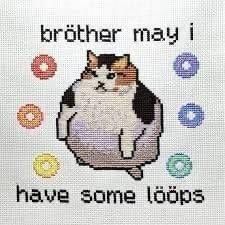 a cross stitch pattern with a cat saying, brother may i have some loopss