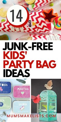 junk - free kids'party bag ideas from mums makelist com, with text overlay that says junk - free kids's party bag ideas