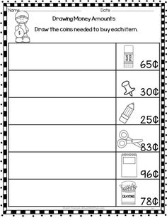 the worksheet for drawing money amounts with numbers and symbols on it is shown