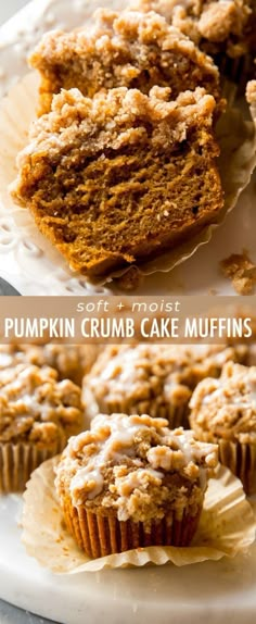 pumpkin crumb cake muffins on a white plate