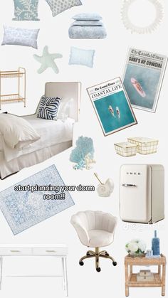 there are many items that can be found in this photo collage, including a bed, chair, and refrigerator