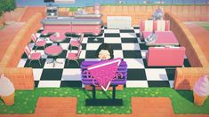 an animal crossing game is shown in the middle of a checkerboard floor with tables and chairs