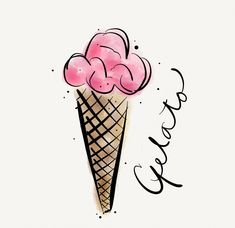 an ice cream cone with three scoops of ice cream on top and the word fresh written in cursive writing