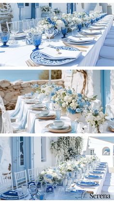 the table is set with blue and white plates, napkins, and vases