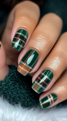 Green Fall Nail Designs, Fall Green Nails, Almond Stiletto Nails, Plaid Nail Designs, Basic Nail, Autumn Florals, Cozy Colors, Fall Green, Latest Nail Designs