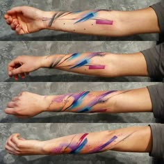 three different types of tattoos on the arms and legs, one with an abstract design