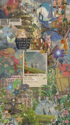 a collage with many different pictures and words on it, including an image of a castle