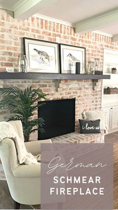 I created a coastal cottage vibe by applying a German schmear treatment to an old, dated fireplace. Full Wall Fireplace Decor, How To German Schmear Brick Fireplace, German Schmere Fireplace, Like Wash Fireplace, Beachy Fireplace Ideas, Shmear Fireplace, Old Brick Fireplace Makeover, German Schmear Brick Fireplace, German Smear Brick Fireplace