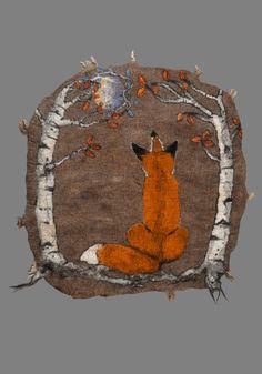 a drawing of a fox sitting in the middle of a forest surrounded by birch trees