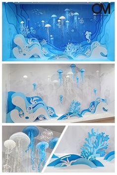 blue and white wallpaper with jellyfish in the ocean, under water drops from above