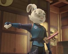 an animated rabbit holding a baseball bat in a room with wood paneling and cabinets