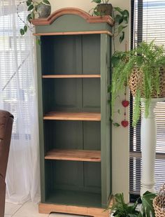 a green bookcase sitting in front of a window next to a chair and potted plant