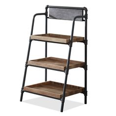 a metal and wood shelf with three shelves