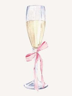 a watercolor painting of a wine glass with pink ribbon