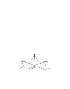 an origami boat floating on the water in front of a white background with black lines