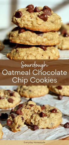 oatmeal chocolate chip cookies stacked on top of each other with text overlay