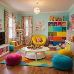 a brightly colored children's room with toys on the floor and colorful furniture in it