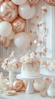 a white and gold cake sitting on top of a table next to balloons in the air