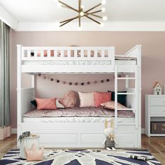 a white bunk bed sitting on top of a wooden floor