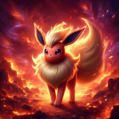 a very cute looking pokemon in the middle of a fire filled area with rocks and lava