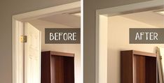 before and after pictures of a bathroom door with the same color as it appears on the wall