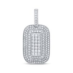 Bring on the bling with this dramatic diamond dog tag charm. 10K white gold A framed rectangle of round-cut diamonds is wrapped in a stepped trio of diamond halos More diamonds line the generous bail Total diamond weight is 1 1/2 carats Chain sold separately Jewelry Charms Pendants, 2 Carat, Dog Tag, Round Cut Diamond, Halo Diamond, Dog Tags, Round Cut, Apparel Accessories, Jewelry Accessories