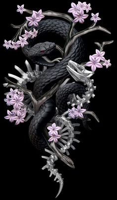 a black and white snake with pink flowers on it's back legs, in front of a black background