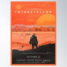 the poster for interstellar is shown in orange and black, with an astronaut standing