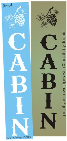 the words cabin and pinecone are on two vertical banners