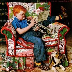 a painting of a young boy sitting in a chair with a trumpet and his dog