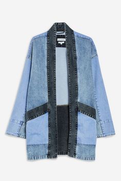 a blue jean jacket with black trims on the front and back, in two tone denim