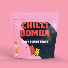 a bag of chili bomba gummy bears on a pink background