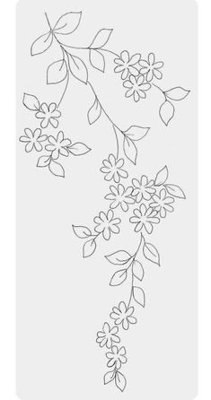 a branch with leaves and flowers drawn in black ink on white paper, ready to be colored